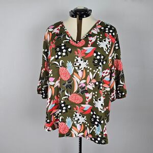 Bloomchic Blouse Women's 2X Multi Color 3/4 Sleeve V Neck Tropical Print NWT